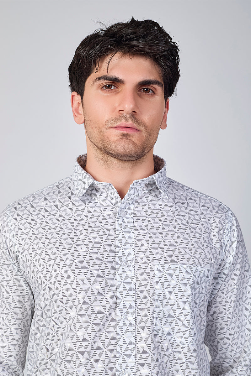 Men's Printed Full Sleeve Shirt - Crisp White