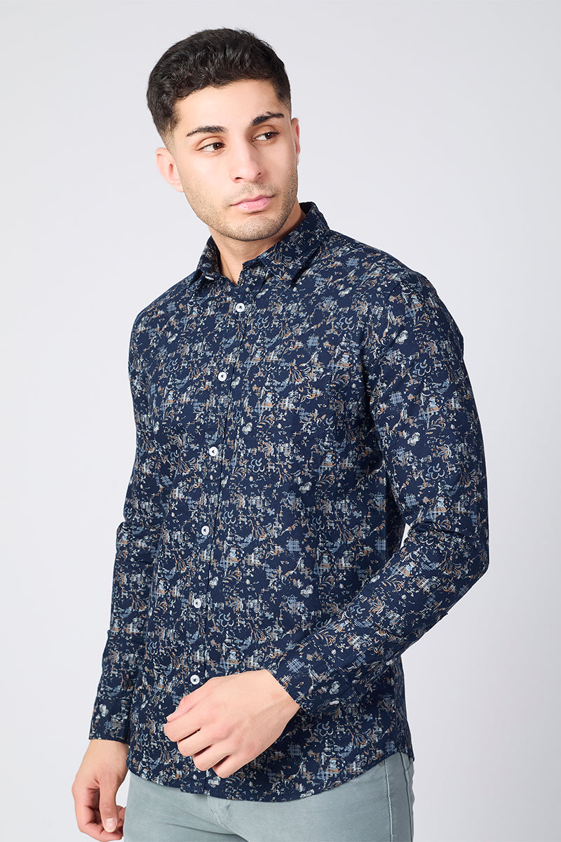 Men's Printed Full Sleeve Shirt - Deep Ink Navy