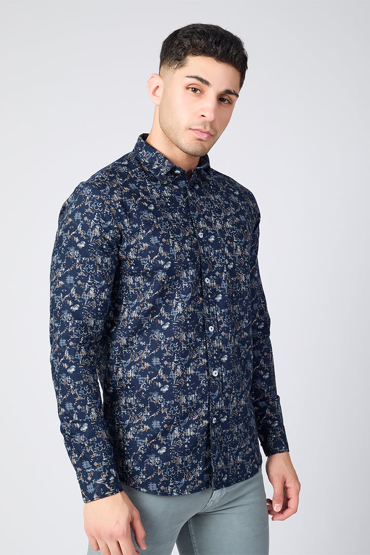 Men's Printed Full Sleeve Shirt - Deep Ink Navy