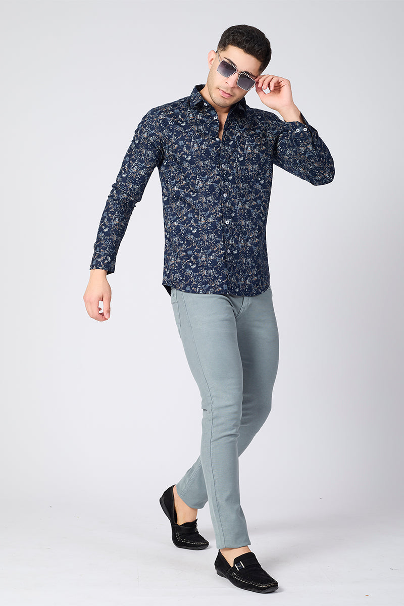 Men's Printed Full Sleeve Shirt - Deep Ink Navy