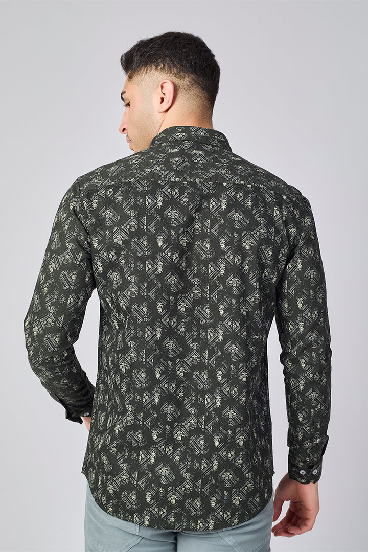 Men's Printed Full Sleeve Shirt - Deep Olive Green
