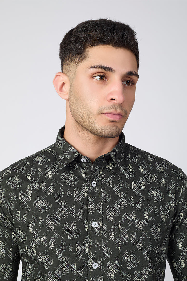 Men's Printed Full Sleeve Shirt - Deep Olive Green