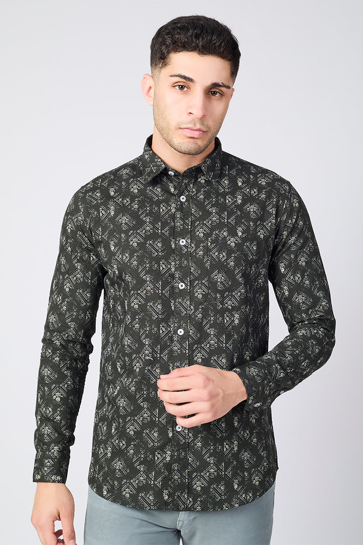 Men's Printed Full Sleeve Shirt - Deep Olive Green