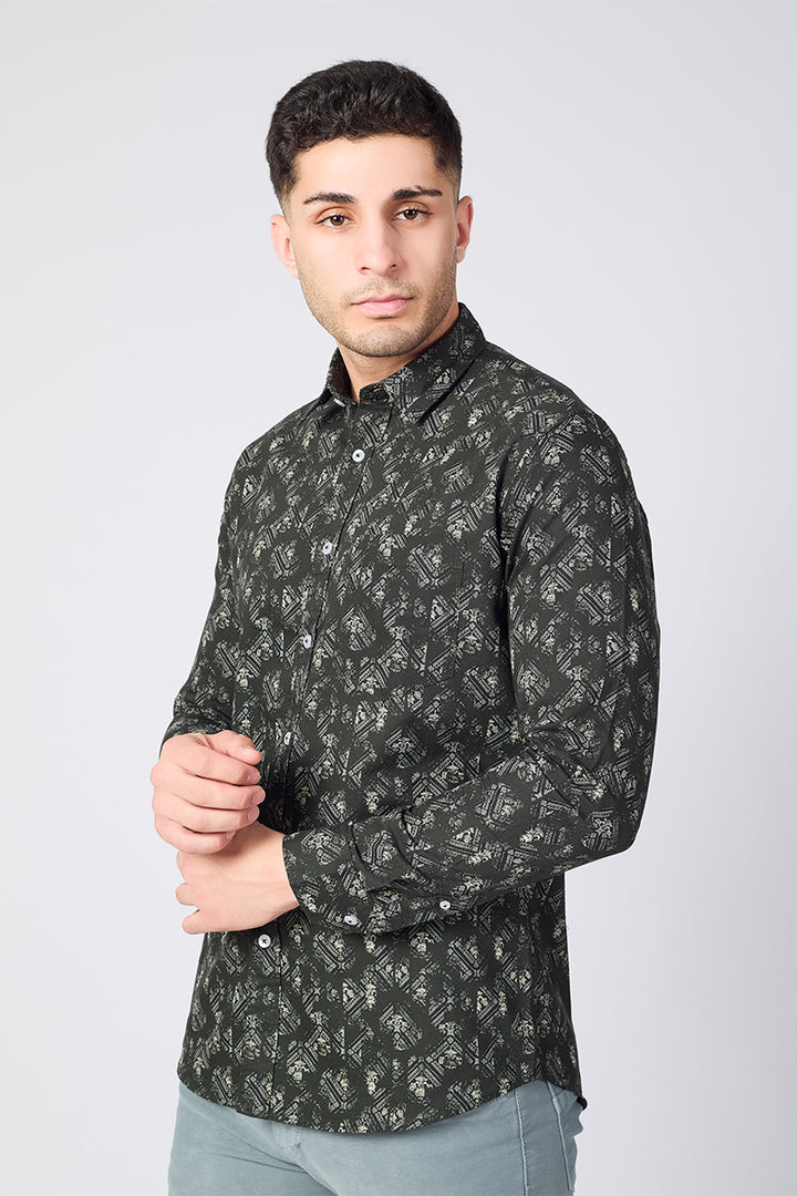 Men's Printed Full Sleeve Shirt - Deep Olive Green