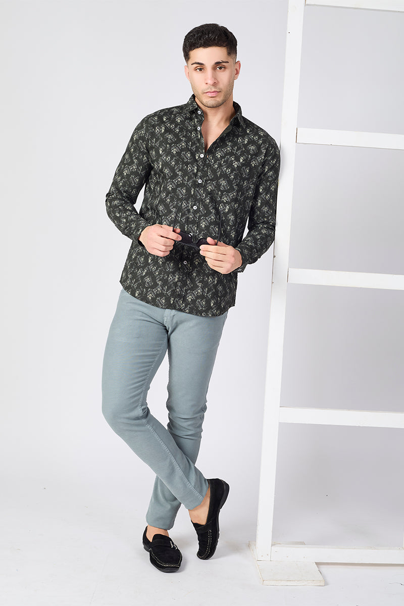 Men's Printed Full Sleeve Shirt - Deep Olive Green