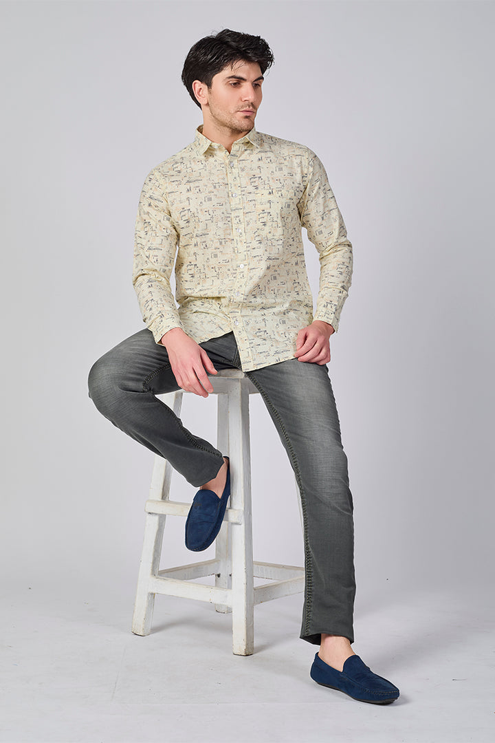 Men's Printed Full Sleeve Casual Shirt - Beige