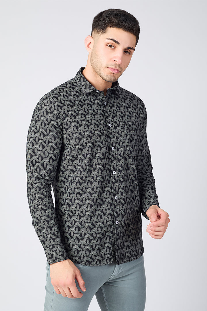 Men's Printed Full Sleeve Shirt - Deep Black