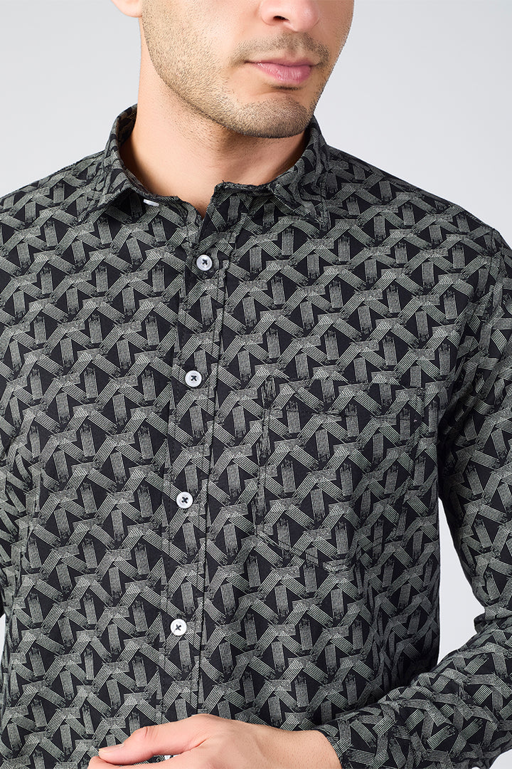 Men's Printed Full Sleeve Shirt - Deep Black