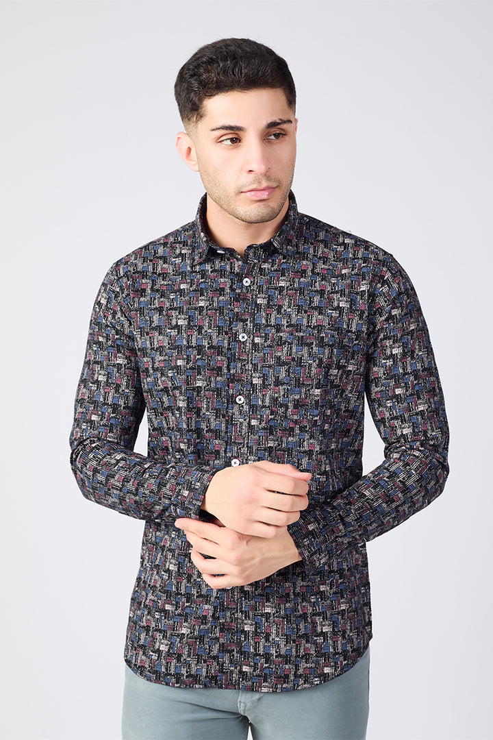 Men's Printed Full Sleeve Shirt - Maze Black