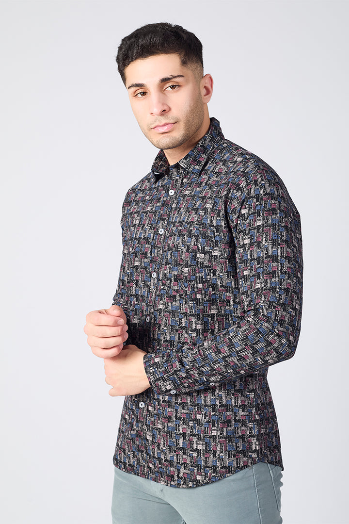 Men's Printed Full Sleeve Shirt - Maze Black