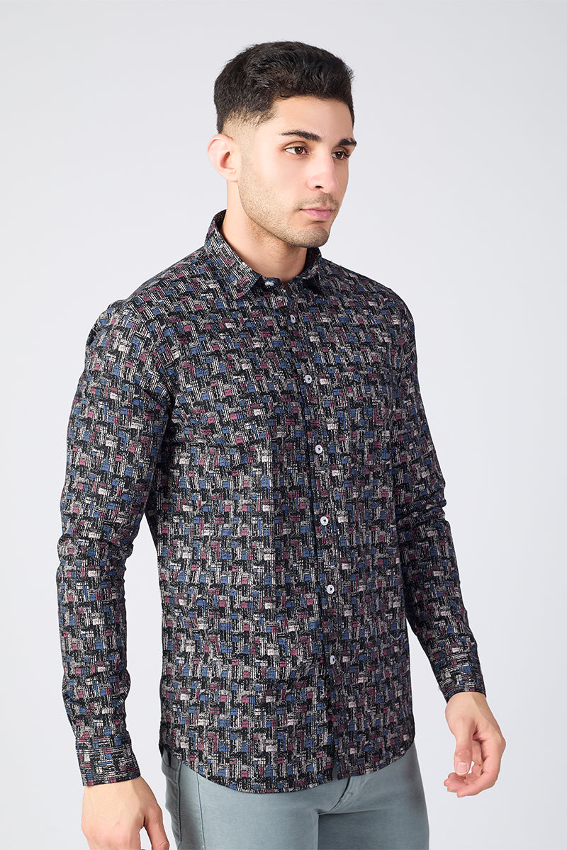 Men's Printed Full Sleeve Shirt - Maze Black