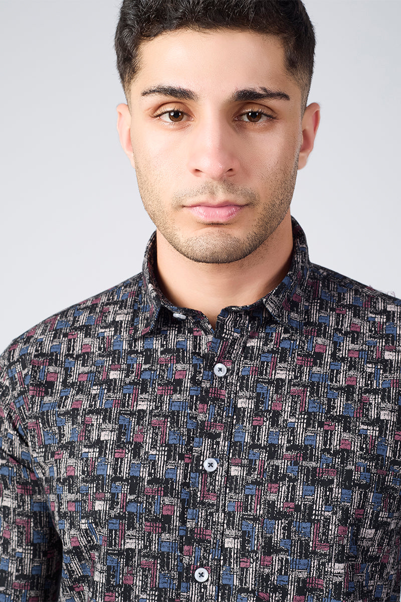 Men's Printed Full Sleeve Shirt - Maze Black