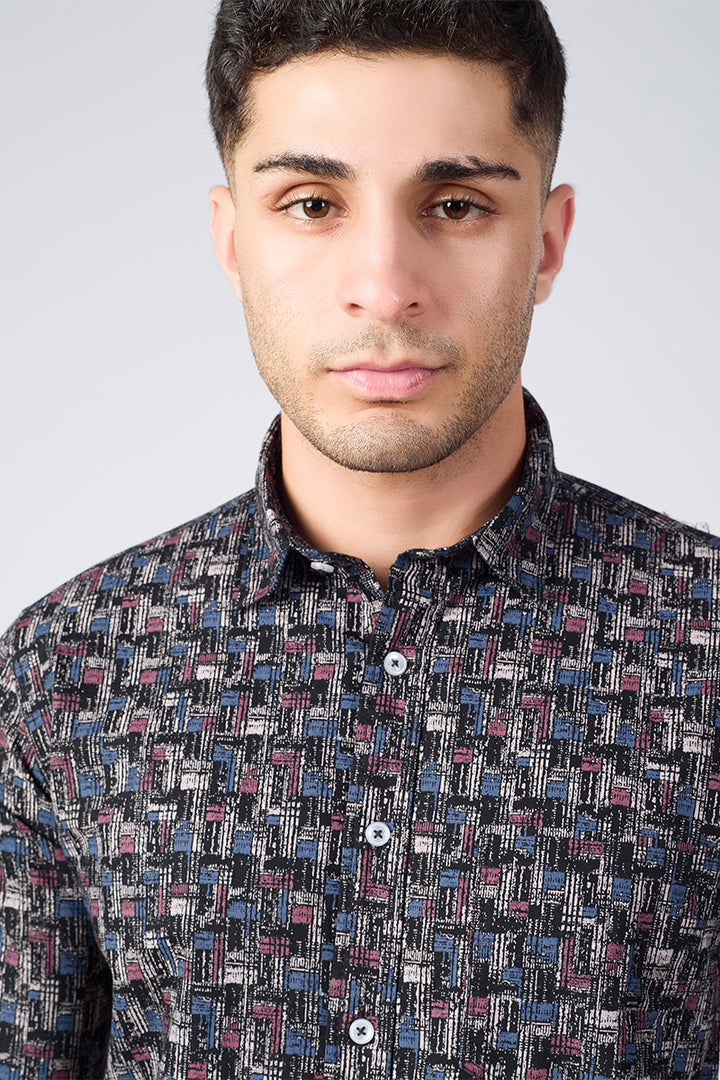 Men's Printed Full Sleeve Shirt - Maze Black