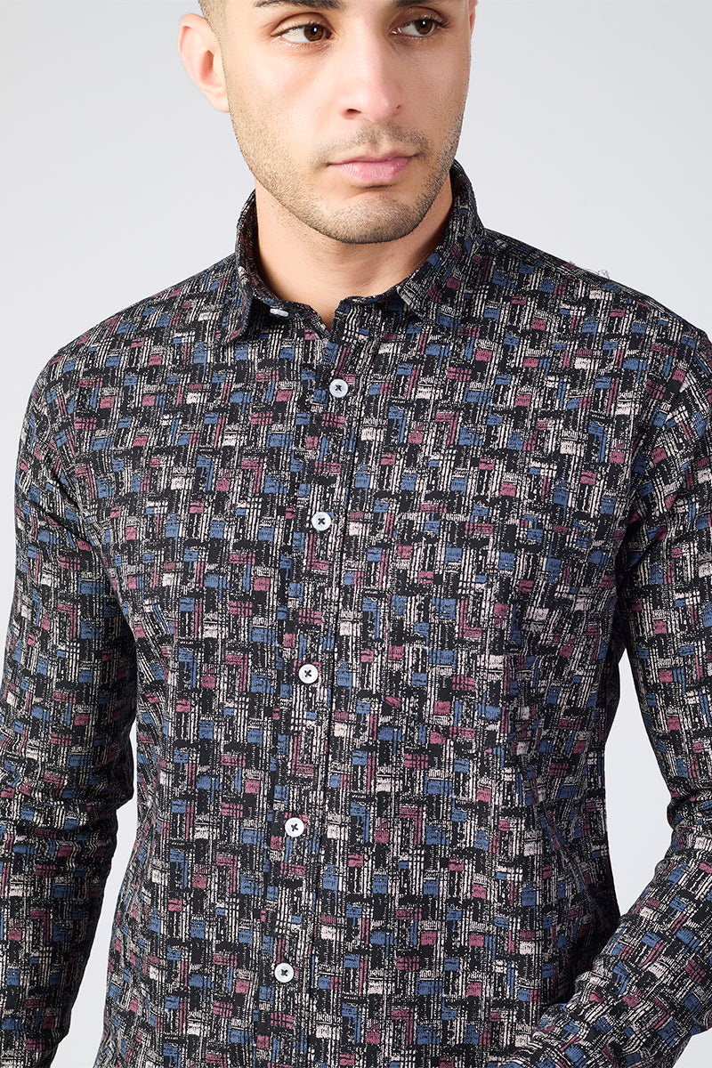 Men's Printed Full Sleeve Shirt - Maze Black