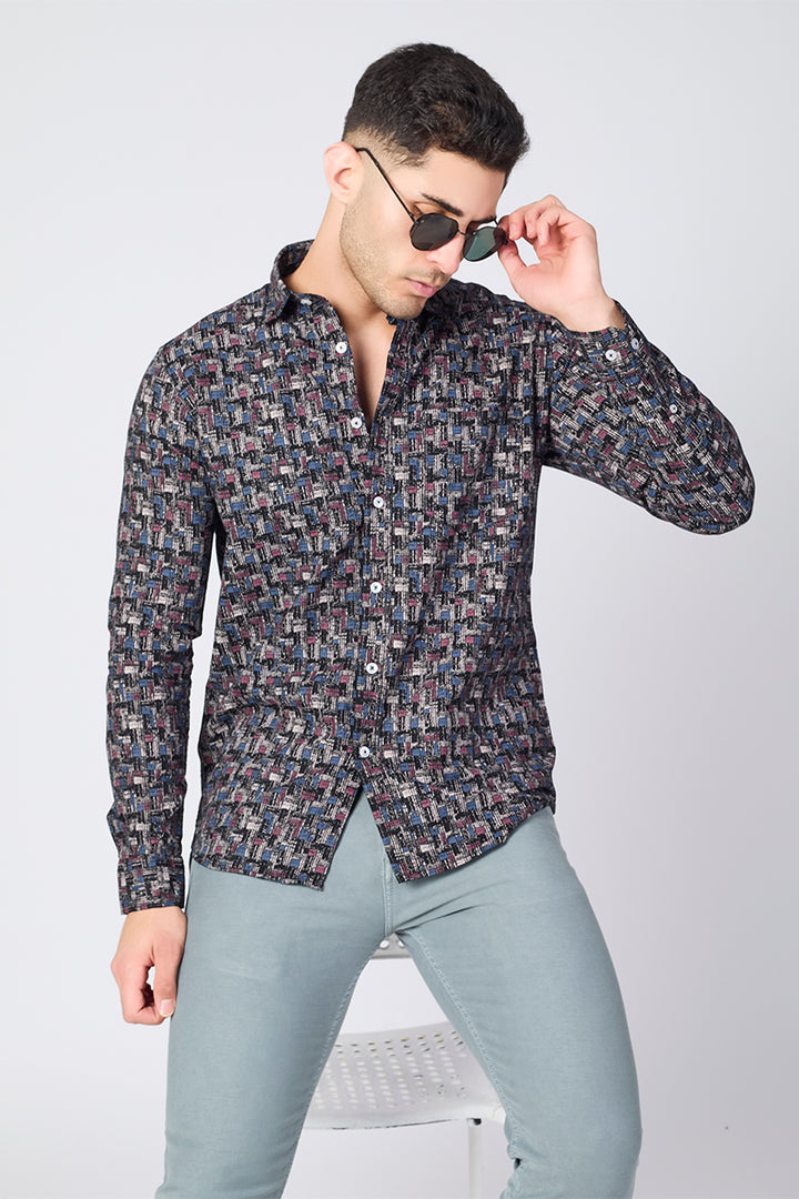 Men's Printed Full Sleeve Shirt - Maze Black