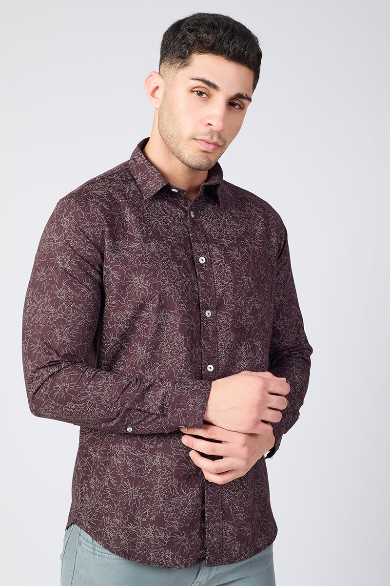 Men's Printed Full Sleeve Shirt - Brown