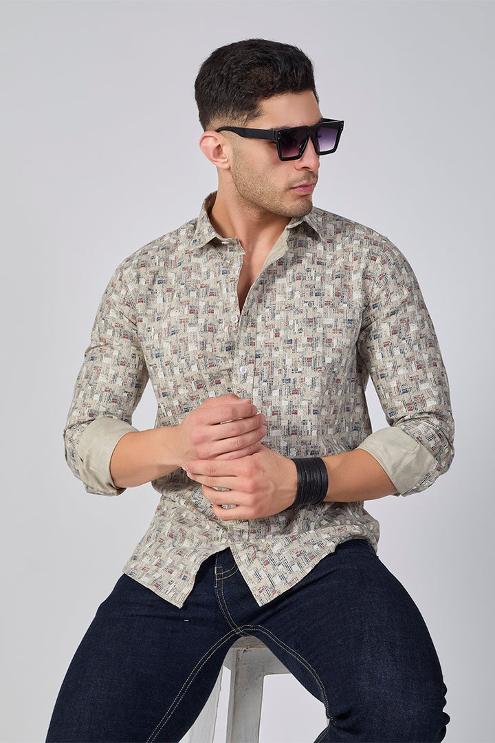 Men's Printed Full Sleeve Shirt - Beige
