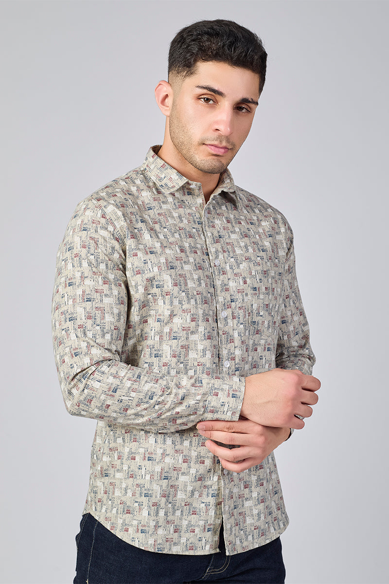 Men's Printed Full Sleeve Shirt - Beige