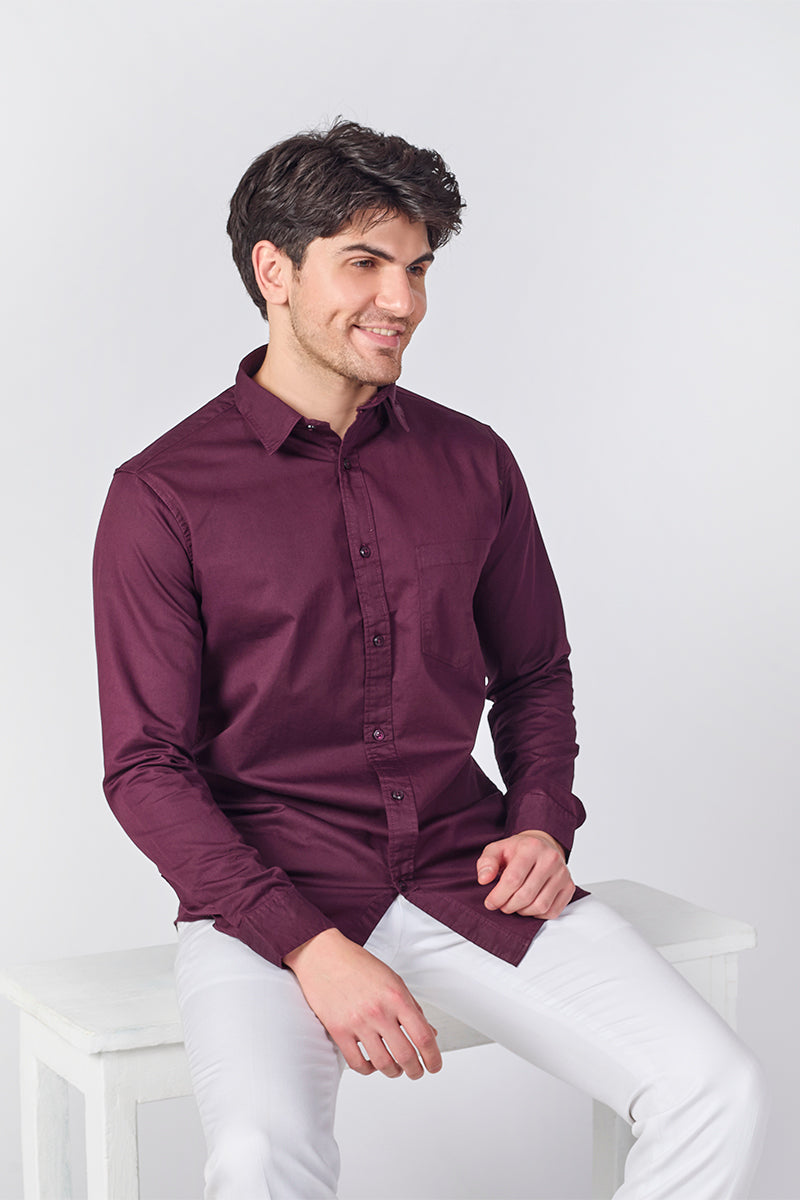 Dobby Cotton Solid Slim Fit Casual Shirt - Plum Wine