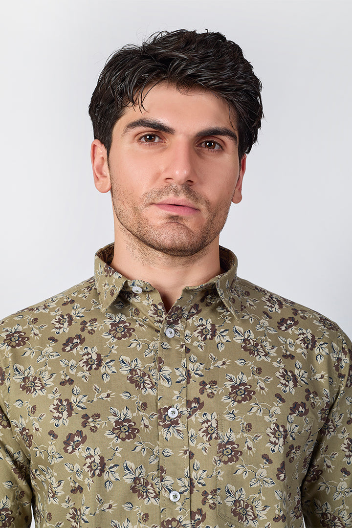 Men's Printed Full Sleeve Shirt - Olive Green