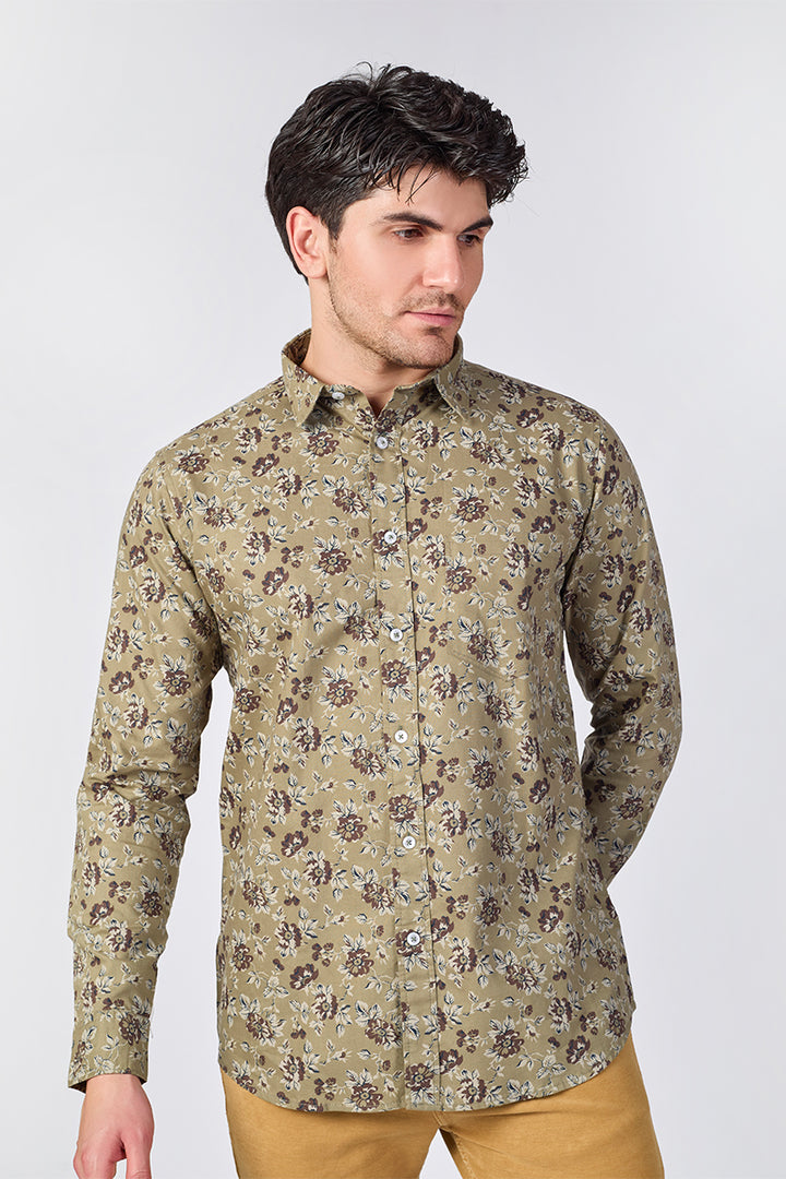 Men's Printed Full Sleeve Shirt - Olive Green