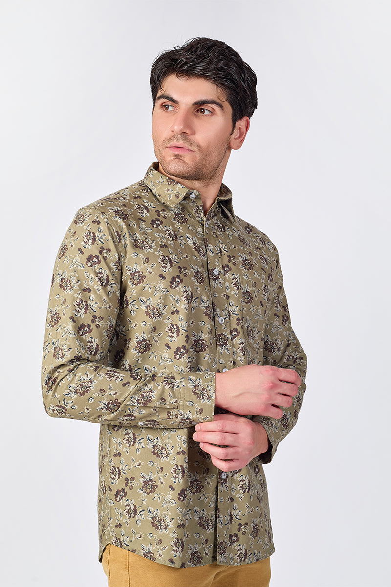 Men's Printed Full Sleeve Shirt - Olive Green