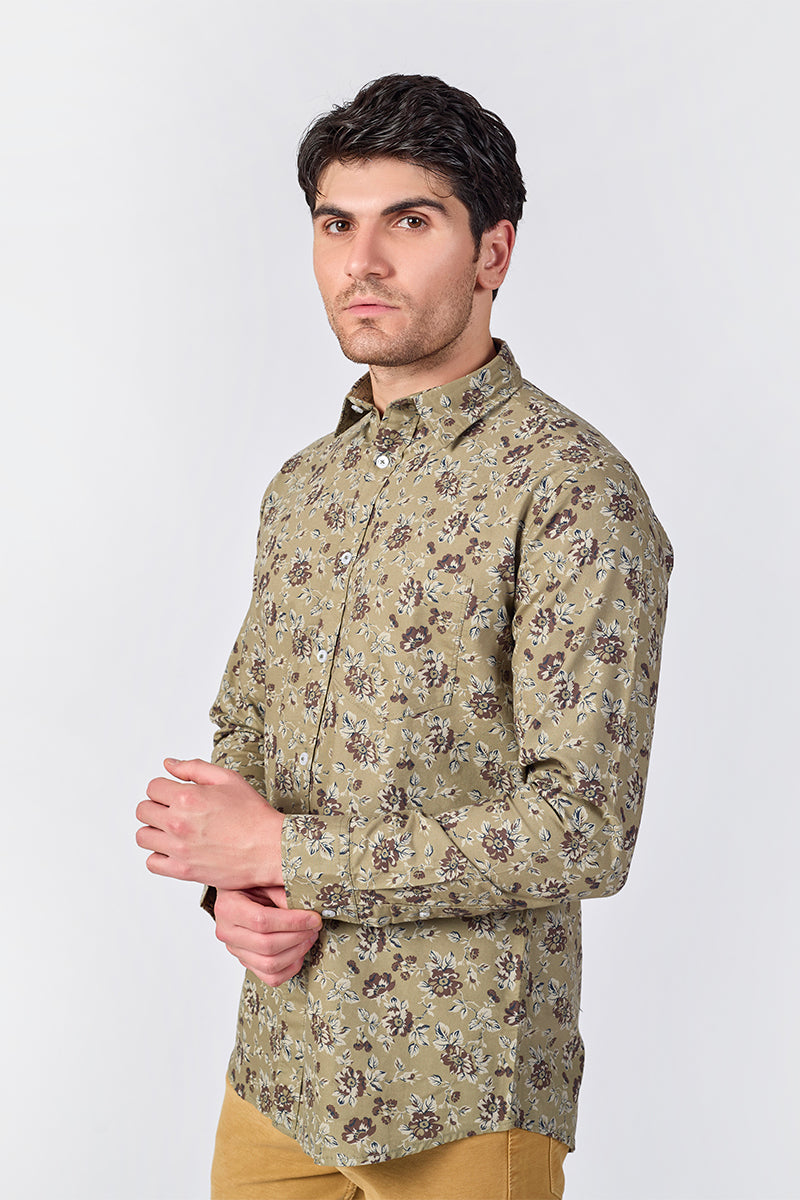 Men's Printed Full Sleeve Shirt - Olive Green