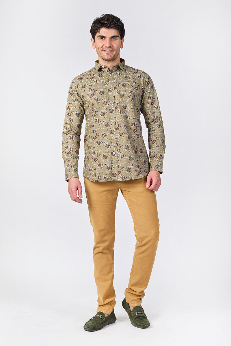 Men's Printed Full Sleeve Shirt - Olive Green