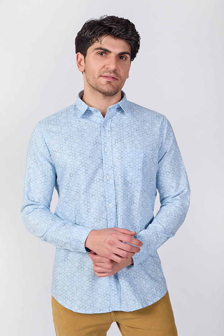 Men's Printed Full Sleeve Shirt - Ice Grid Blue