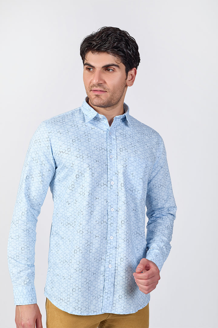 Men's Printed Full Sleeve Shirt - Ice Grid Blue