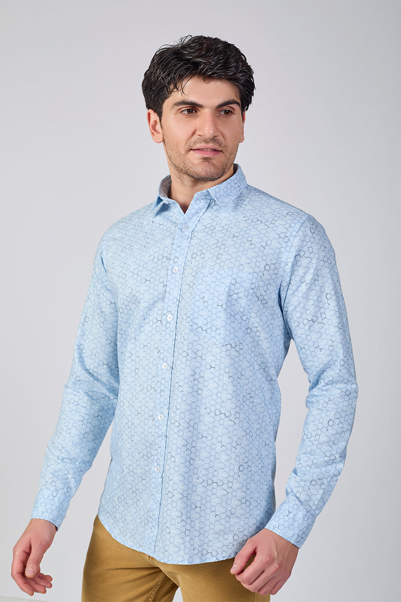 Men's Printed Full Sleeve Shirt - Ice Grid Blue