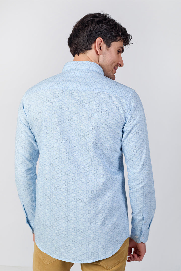 Men's Printed Full Sleeve Shirt - Ice Grid Blue