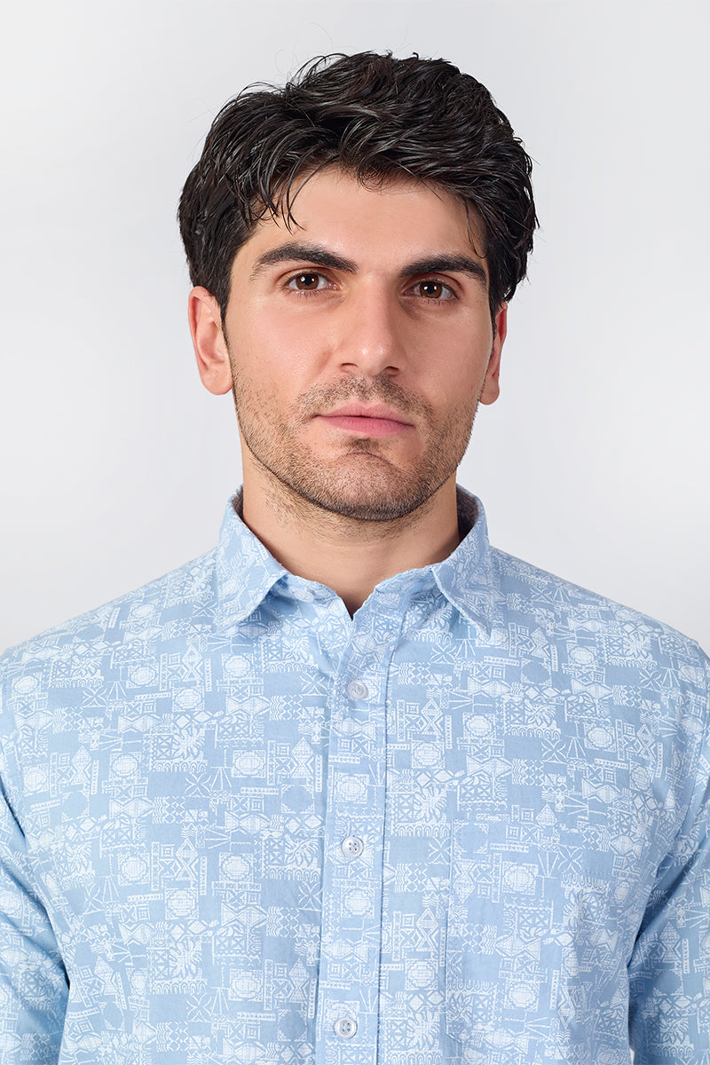 Men's Printed Full Sleeve Shirt - Light Blue