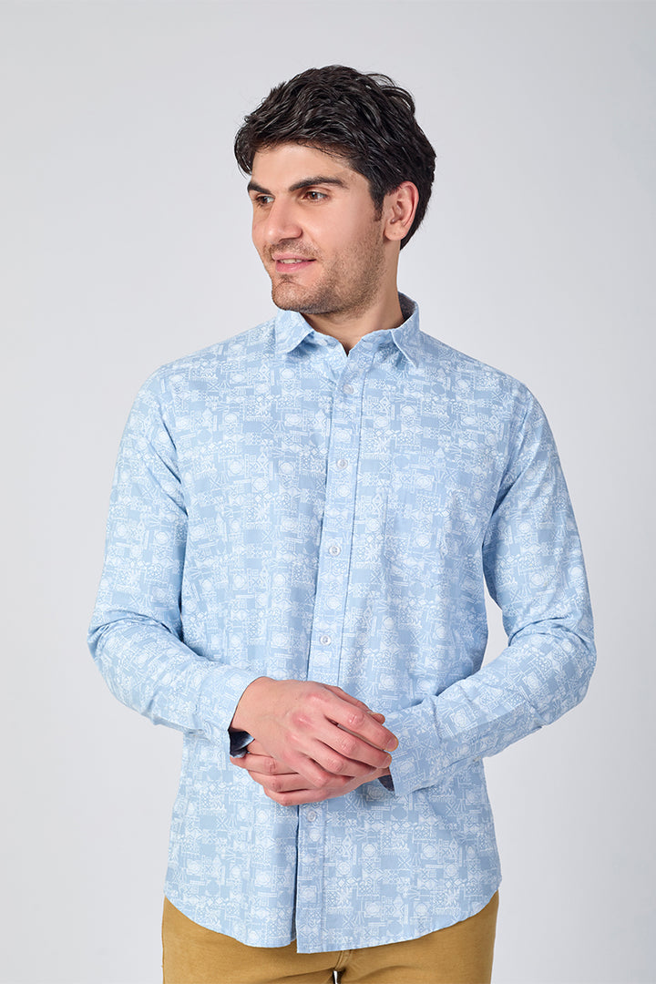 Men's Printed Full Sleeve Shirt - Light Blue