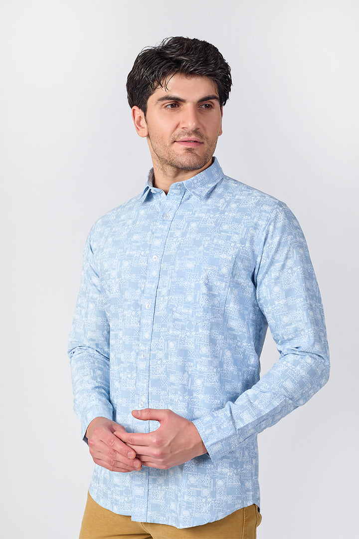 Men's Printed Full Sleeve Shirt - Light Blue