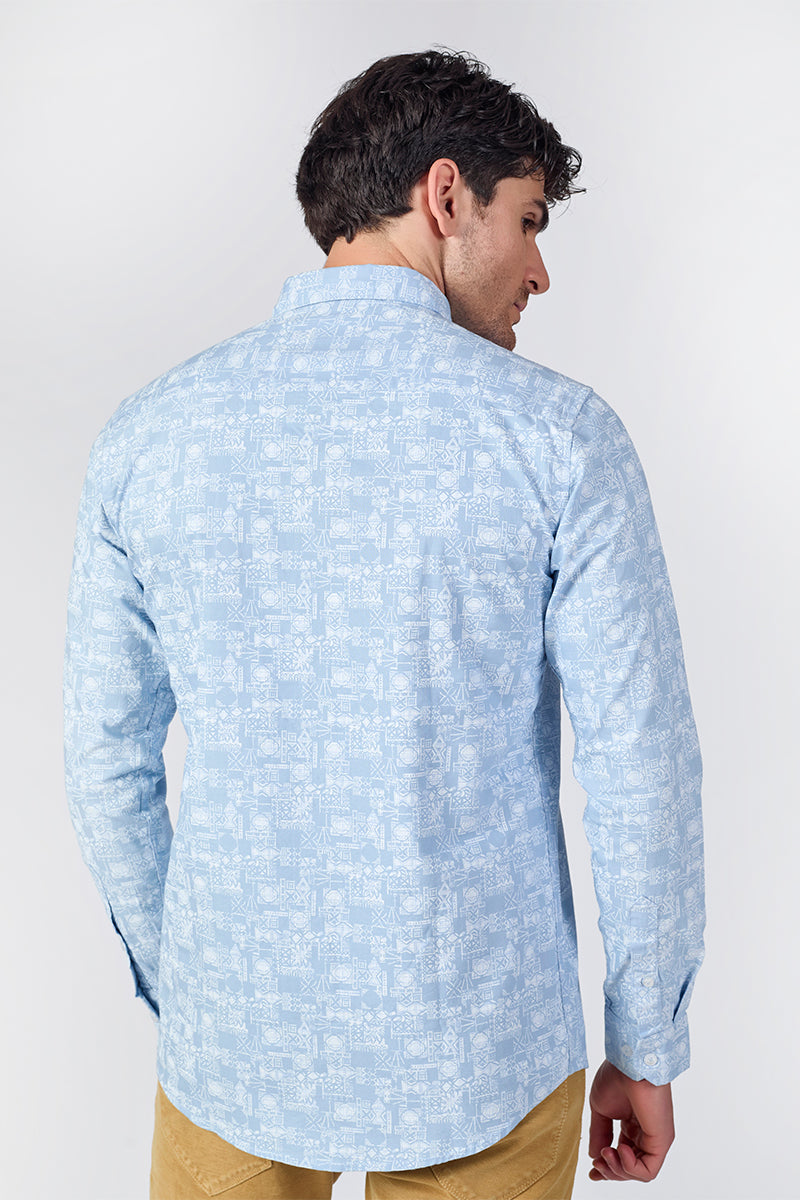 Men's Printed Full Sleeve Shirt - Light Blue