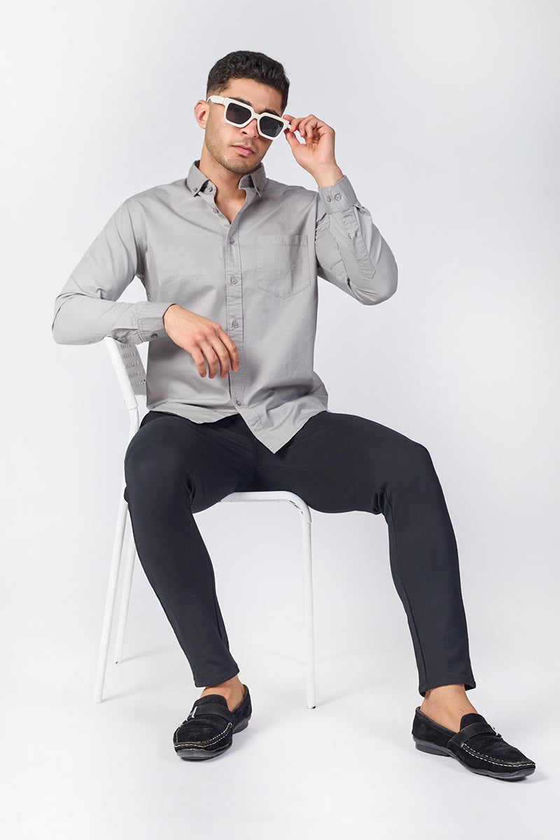 Cool Grey Giza Slub Slim Fit Casual Shirt