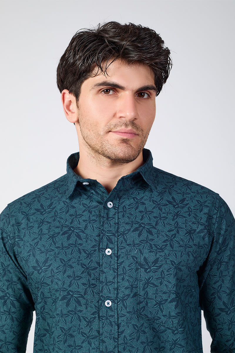 Men's Printed Full Sleeve Shirt - Teal Green