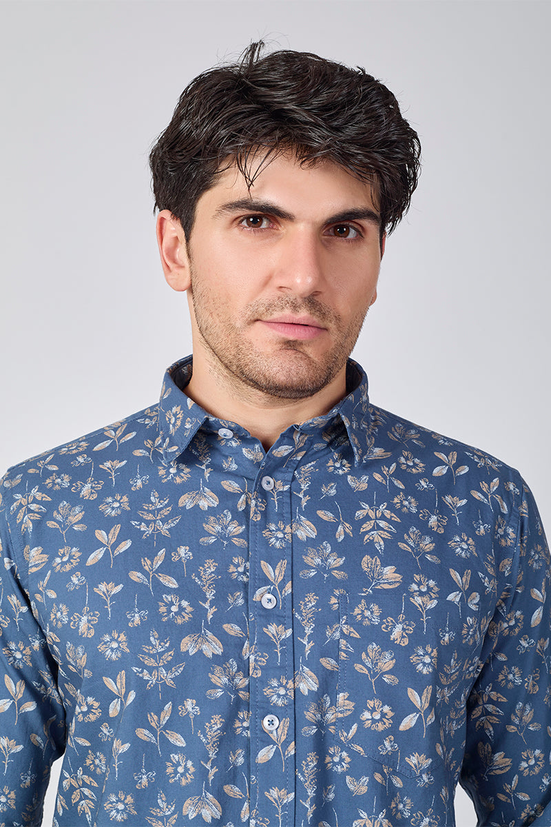 Men's Printed Full Sleeve Shirt - Dusty Indigo Blue
