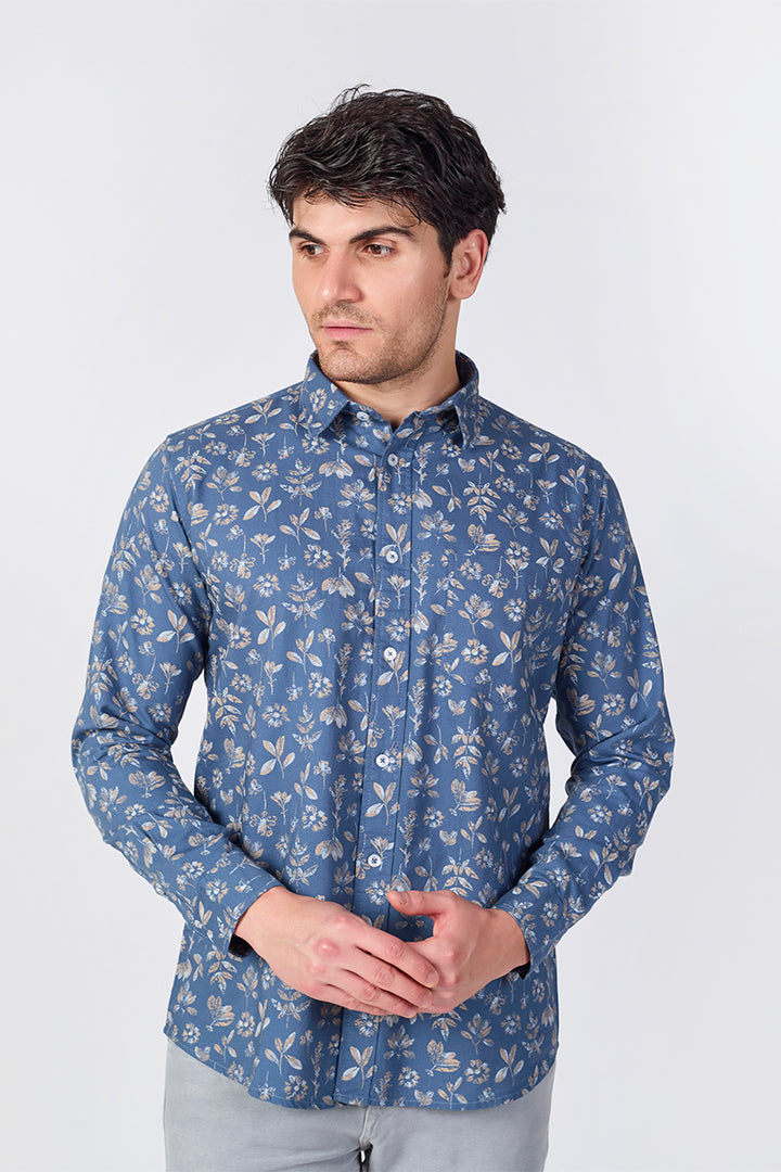 Men's Printed Full Sleeve Shirt - Dusty Indigo Blue