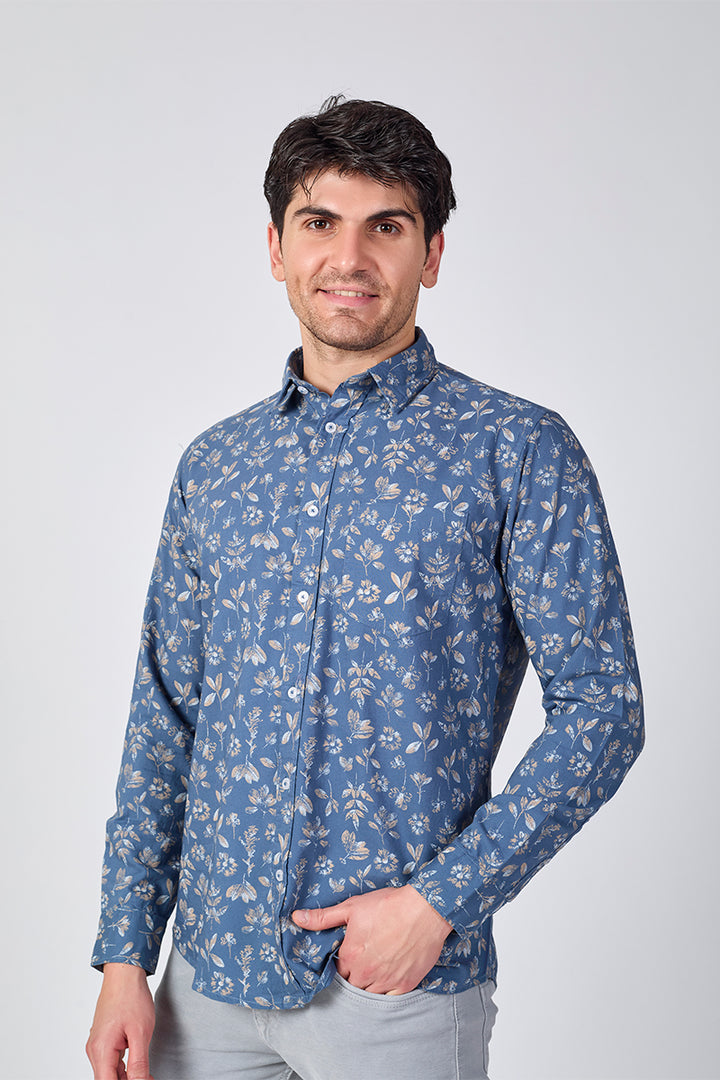 Men's Printed Full Sleeve Shirt - Dusty Indigo Blue