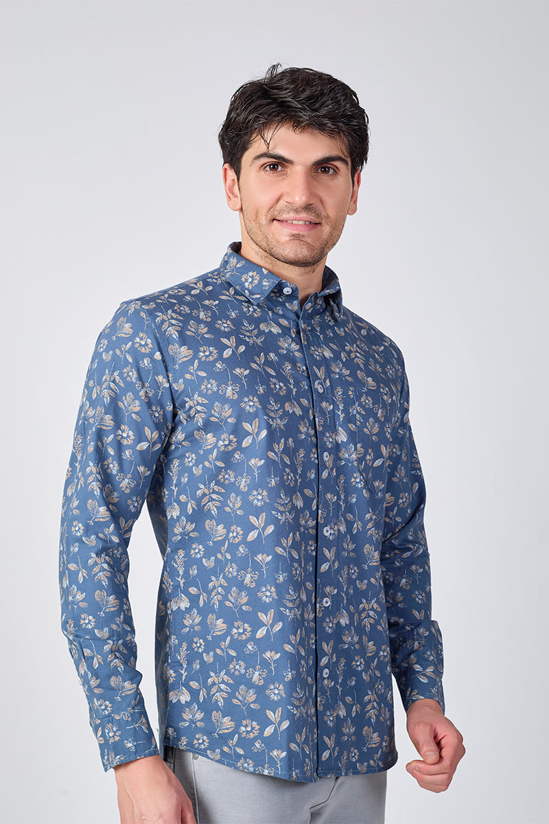 Men's Printed Full Sleeve Shirt - Dusty Indigo Blue