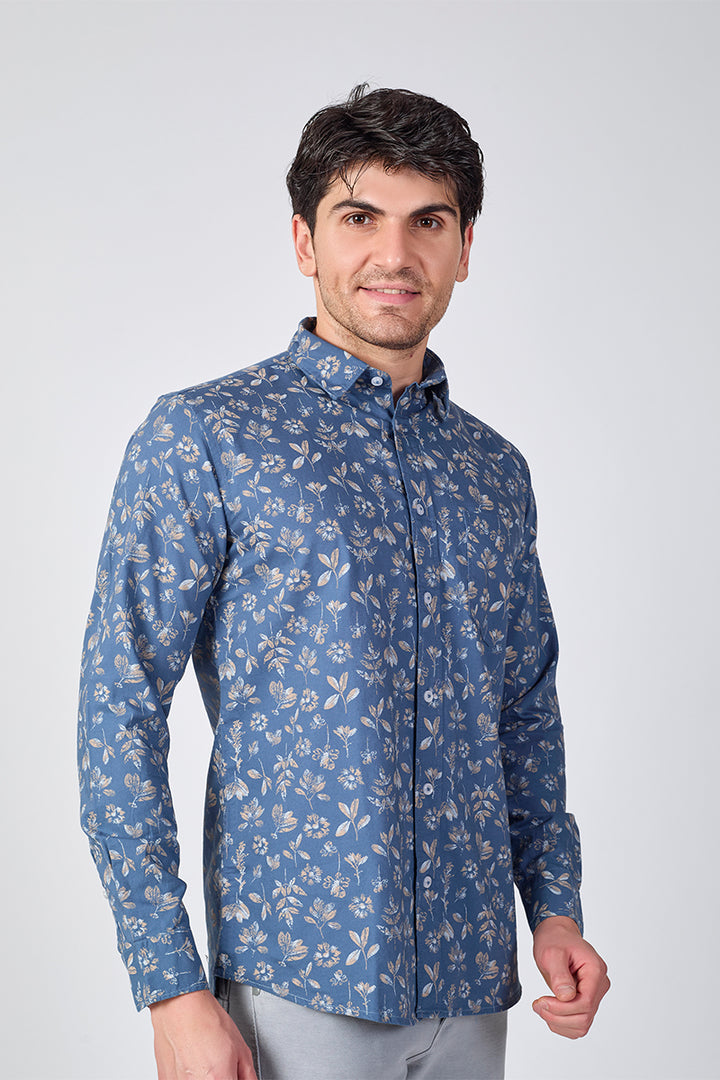 Men's Printed Full Sleeve Shirt - Dusty Indigo Blue