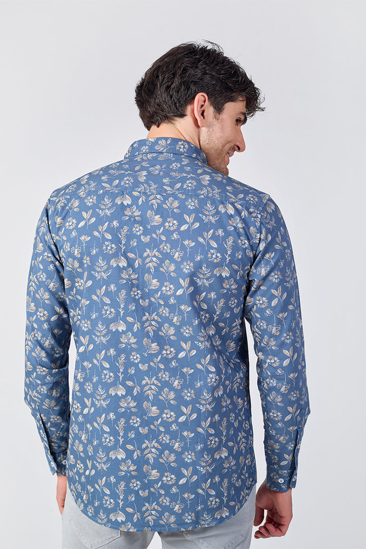 Men's Printed Full Sleeve Shirt - Dusty Indigo Blue