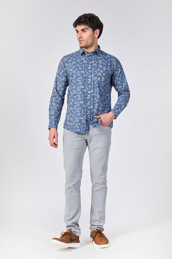 Men's Printed Full Sleeve Shirt - Dusty Indigo Blue