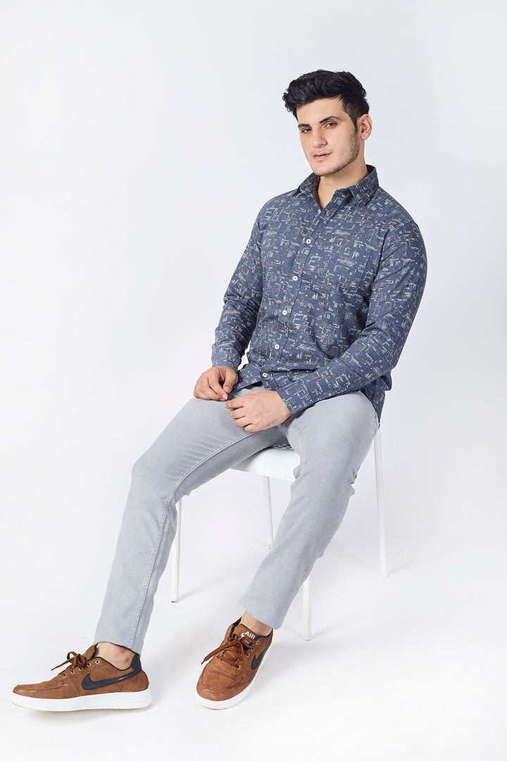 Men's Printed Full Sleeve Shirt - Denim Blue