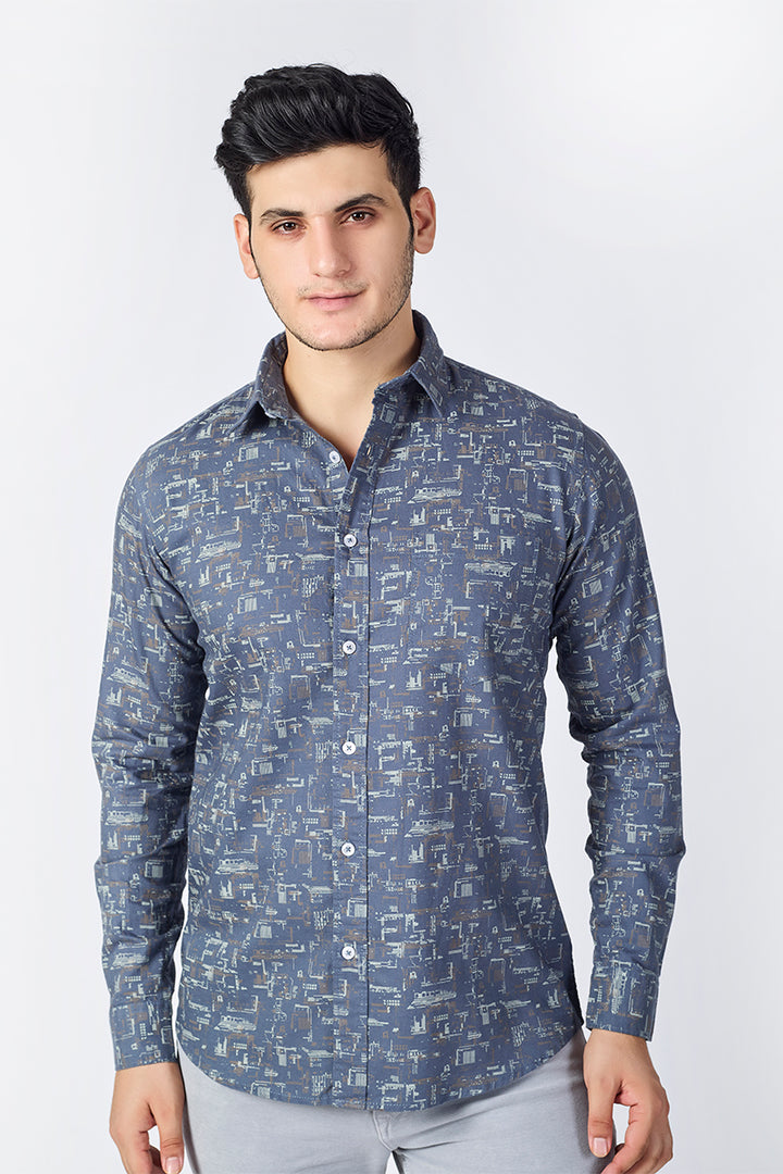 Men's Printed Full Sleeve Shirt - Denim Blue