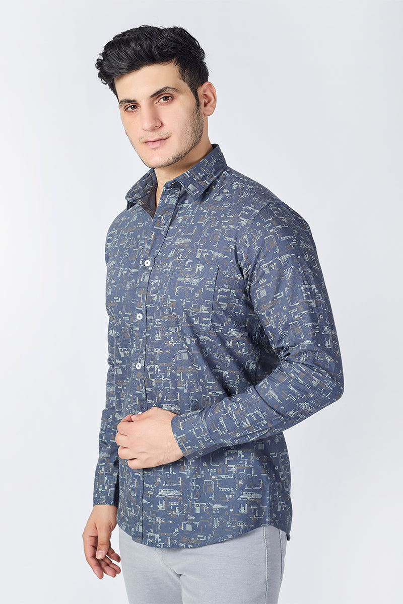 Men's Printed Full Sleeve Shirt - Denim Blue