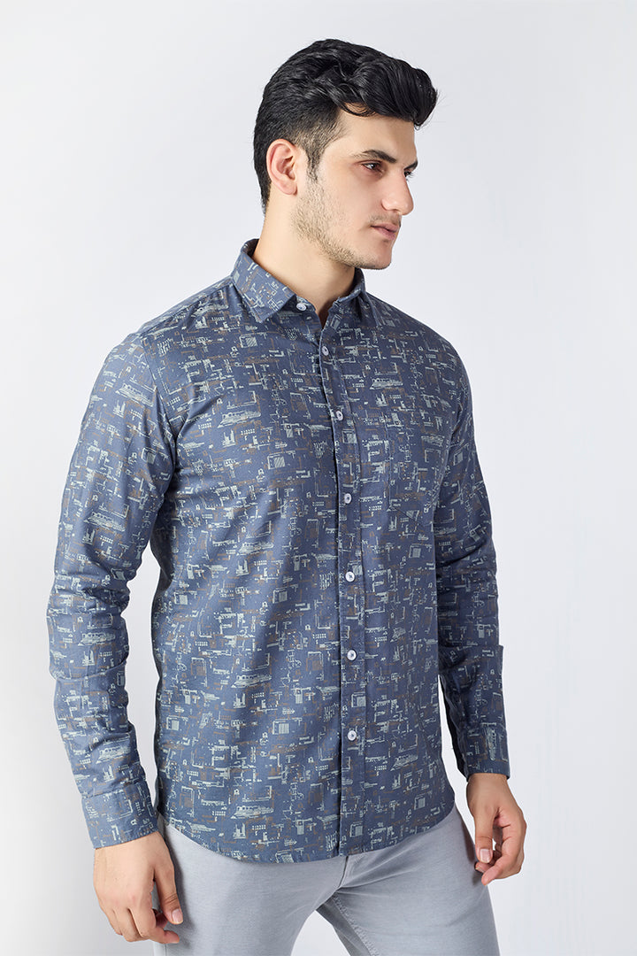 Men's Printed Full Sleeve Shirt - Denim Blue