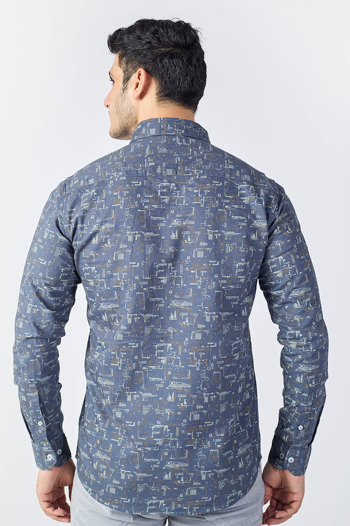 Men's Printed Full Sleeve Shirt - Denim Blue